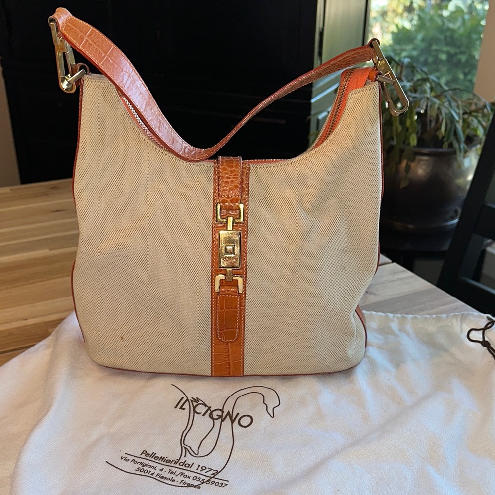Elegant Cream and Orange Women's Shoulder Bag - Italian made.